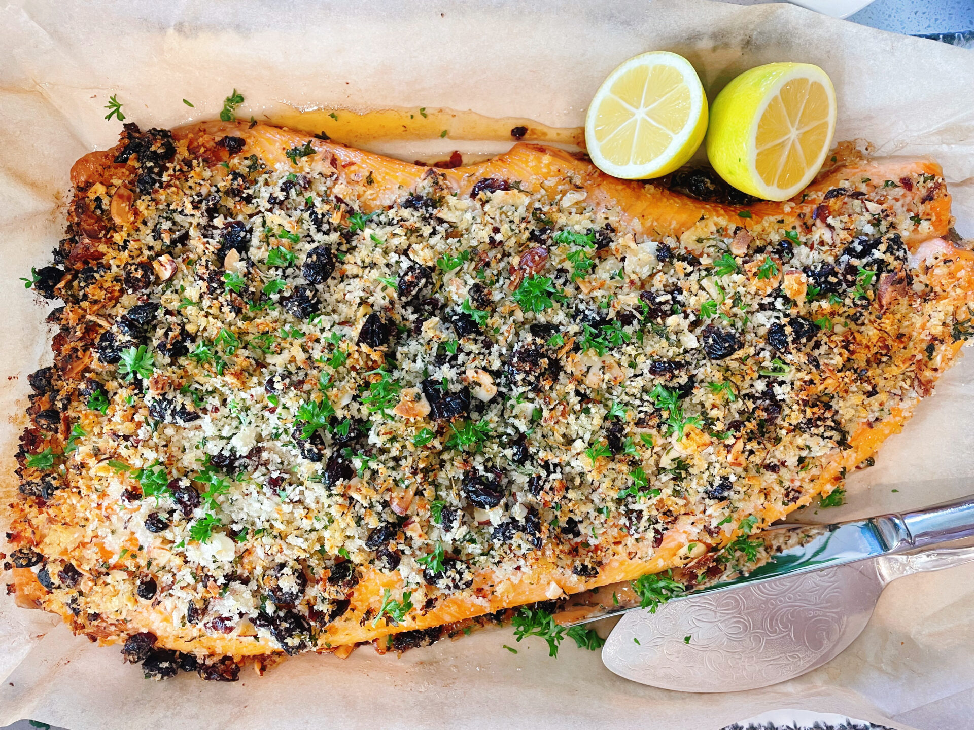 Side of salmon with a cranberry and almond crust